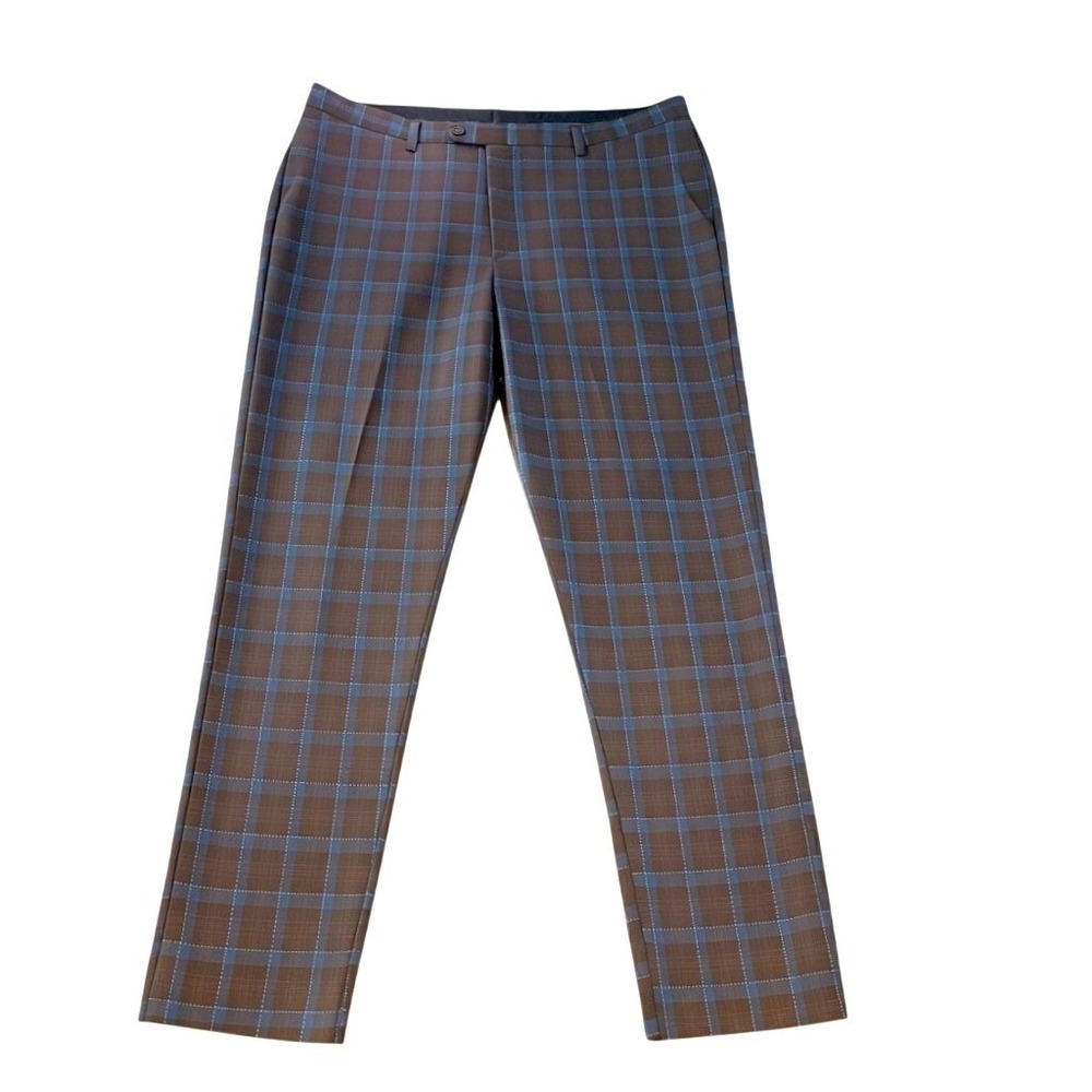 Komplete Apparel Dress Pants Men 38x33 Brown Blue Plaid Retro Dapper Rockabilly